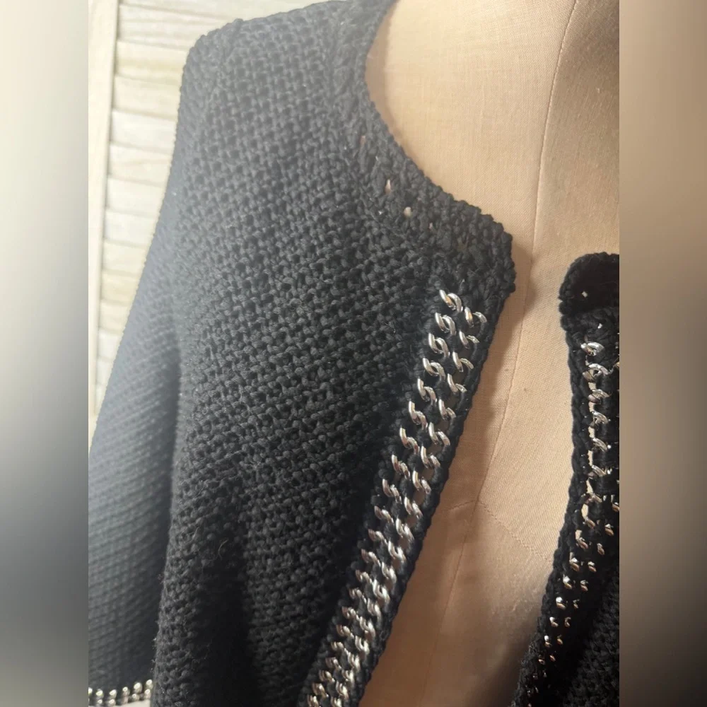 Chico’s Black Open Front Cardigan Silver Chain Detail Lightweight Boho Chic SM